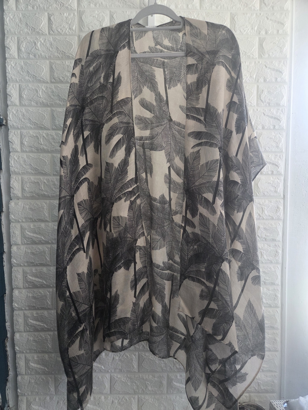 Sheer Palm Leaf Kimono Cover-Up in Beige and Black
